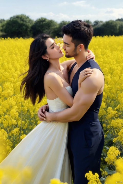  👫,a Handsome man and a sexy woman hugging together,imminent kiss,,standing gracefully among canola flower, a high-definition photo, Asian,exquisite facial features,(muscular man,A naked man), (slim woman, wearing evening_gown,black pantyhose,big_breasts), face to face, affectionate, charming eyes, outdoors, soft lighting,(masterpiece, realistic, Realism, best quality, highly detailed, 8K Ultra HD, sharp focus, profession),plns, jzns