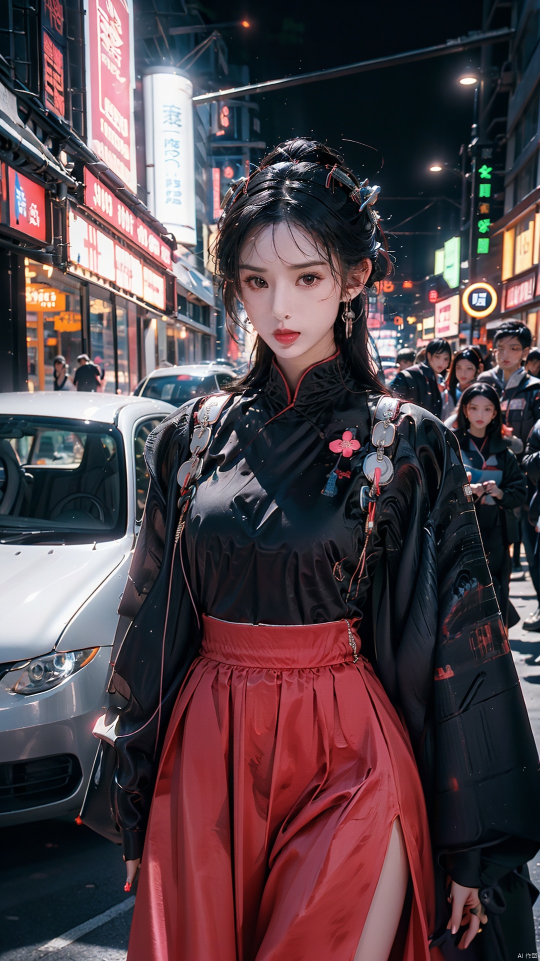  Masterpiece, exquisite, 8k, 1 girl, exquisite long hair, silver | pink | blue hair, exquisite makeup, slogan, eye shadow, eyeliner, laser top, laser skirt, Cyberpunk, neon light, blue purple light, shining, (technology city:1.2),street, masterpiece, best quality,cyberpunk,cyberhanfu,DARENOGARE