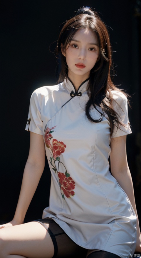  (Reality :1.2), Official art, Uniform 8k quality, Super Detail, Fine Detail Skin, (Movie Angle), Movie Texture, Movie Lighting, Masterpiece, Best picture Quality, (Deep shadow), backlight, Contouring Light, Black Background, 1 girl, cropped torso upper body,Vermilion lips,Messy hair,(chinese clothes,china dress,Printed cheongsam),FUJI,1girl,(full body:1.2),(Black 8D glossy stockings:1.2)