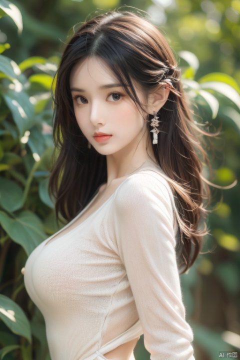 1girl, solo, looking at viewer, bangs, black hair, brown eyes, jewelry, closed mouth, upper body, earrings, medium hair, from side, sweater, lips, makeup, leaf, plant, green background, green theme, green sweater, realistic, Chinese style, 30710, white pantyhose, guofengZ,big breasts