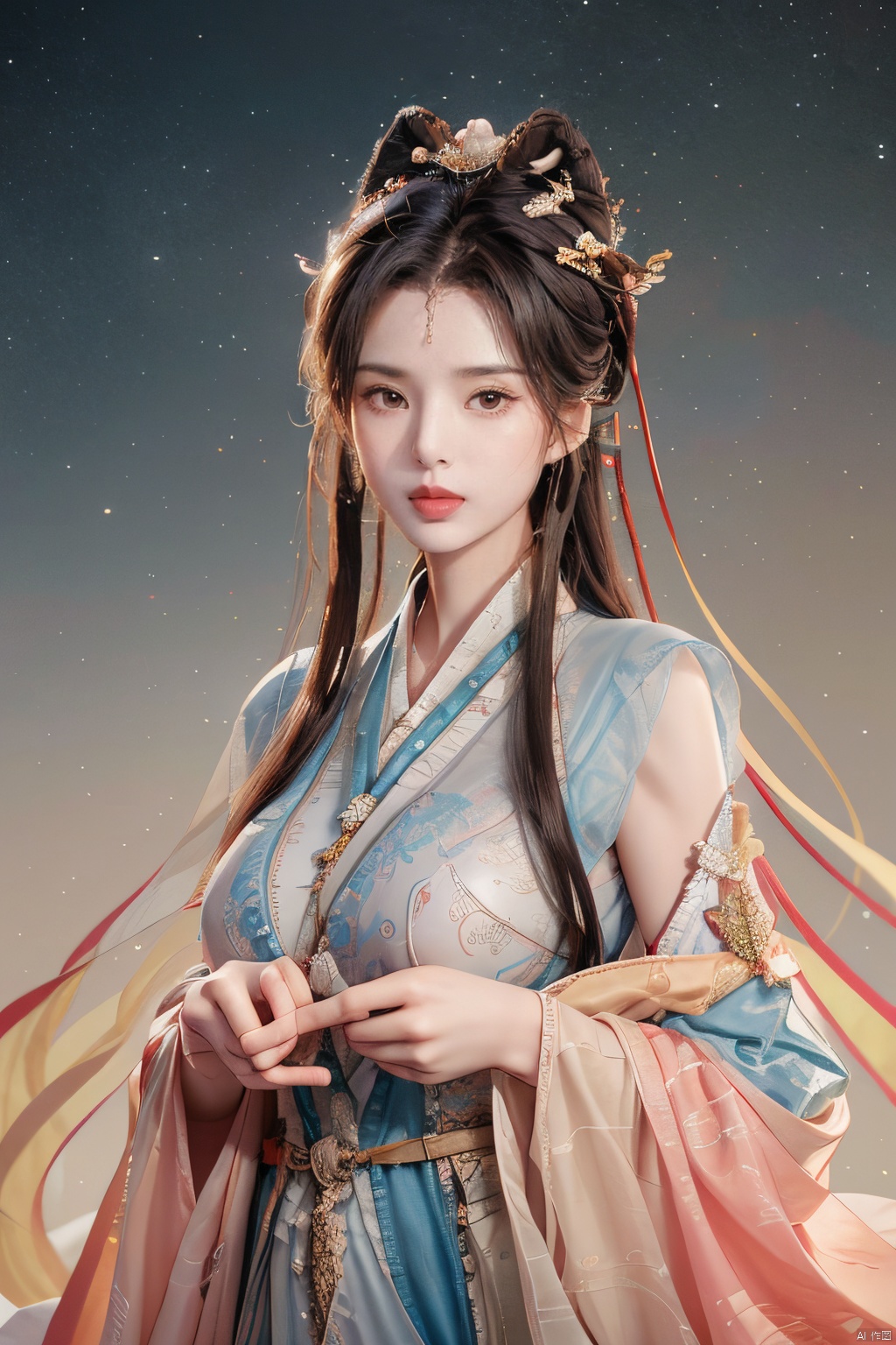 official art,beautiful and aesthetic,1girl,long hair,beautiful face,detailed eyes,colorful,jewelry,night,(realistic:1.5),extreme detailed,(fractal art:1.3),witch, Light master, (\meng ze\), yue , hair ornament , hanfu, Sky Fantasy,(large breasts)