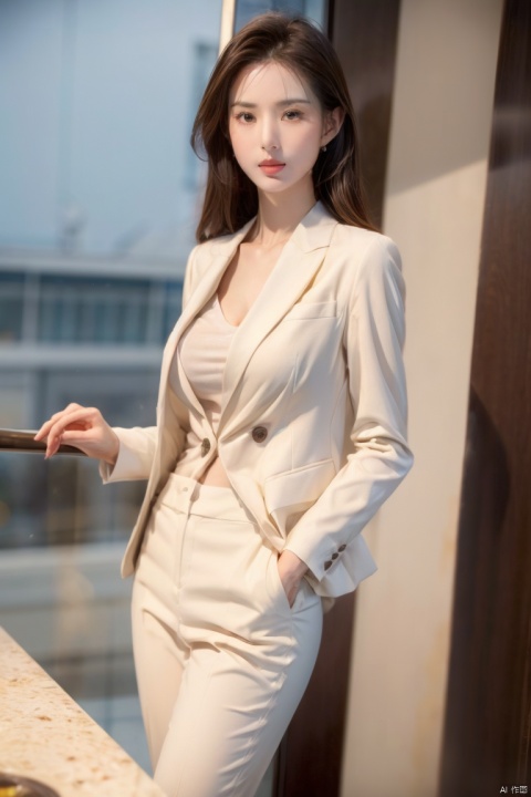 Girl, suit, pretty face, (photo realism: 1.3) , Edge Light, (high-detail skin: 1.2) , 8K Ultra HD, DSLR, high quality, high resolution, 8K, best ratio of four fingers and one thumb, (photo realism: 1.3) , wearing a white suit jacket, large breasts, 1 girl, grapefruit,machinery,Daofa Rune,yuyao,1 girl,midjourney portrait, liruotong,(big_breasts:1.3)