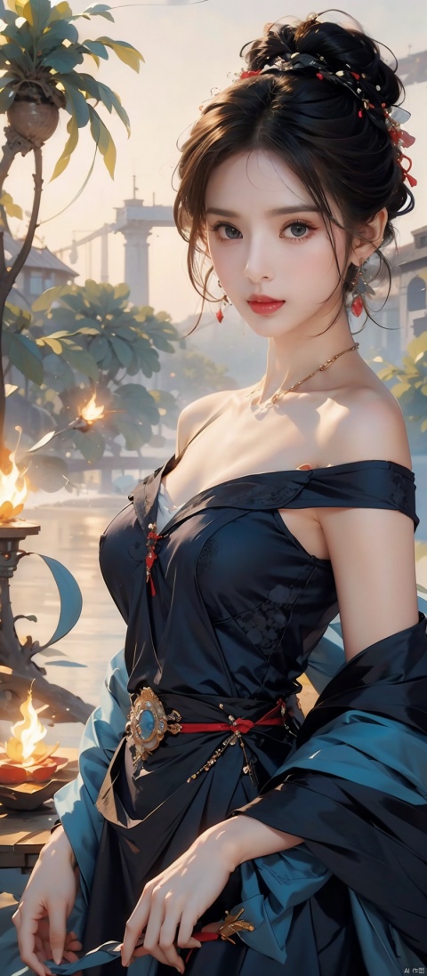  1girl, female solo, (medium breasts:), ((upper body:0.7)), masterpiece, jewelry,off shoulder, black hair, blue dress, blue eyes, earrings, dress, earrings, jewelry, sleeveless, short hair,Looking at the observer, parted lips, pierced,energy,electricity,magic,