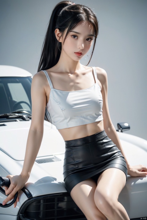 (((realistic))), ((masterpiece)), (best quality), high resolution, 16K, HDR,((Full body photo)),
((1 girl)), solo, High ponytail, Delicate face, ((Crop top camisole)), ((Mini pencil skirt)), ((Ultra-thin stockings)),((Sling Back shoe)),
Sit on the hood of a sports car , support your hands back,Fold your legs,street,
bloom, sun light,detailed shadows, raytracing,bokeh, ((Depth of Field)), film photography, film grain,glare,,**,油,黑丝,highheels,白丝,肉丝,丝,袜, liruotong