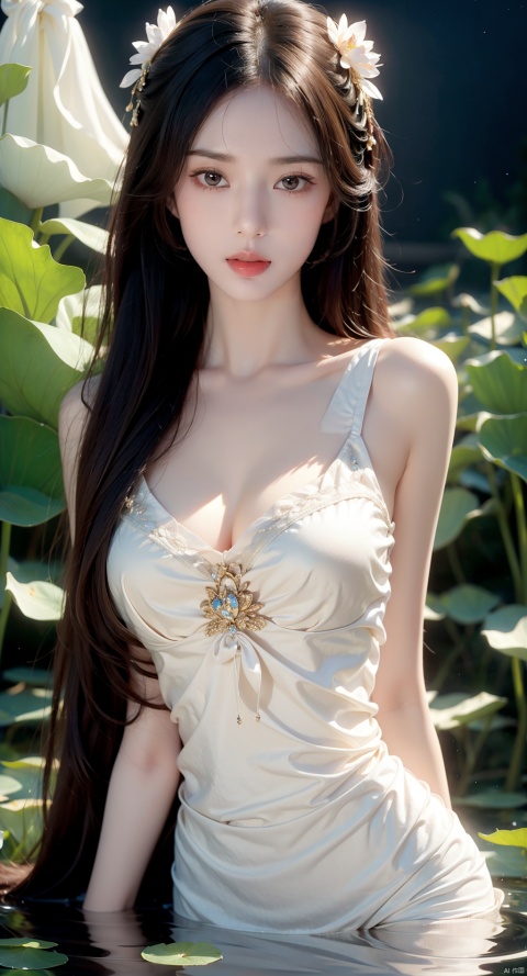  (night, moon, big moon,yuyao,dress),( upper body,in a pond, body in water, lots of lotus leaves,),detailed hair, detailed face, detailed lips, sharp focus, raw photo, shot with Sony A7, soft light, ultra realistic, sexy