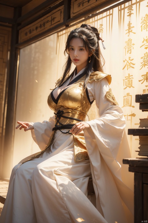  A girl wearing armor, Hanfu, floating in the air, game characters, Chinese characters, golden rune walls, best image quality, 3D rendering, looking up, ultra wide angle, female focus, full body, 16K, ultra high definition, high resolution, very detailed, best image quality,liruotong,(big_breasts:1.6)