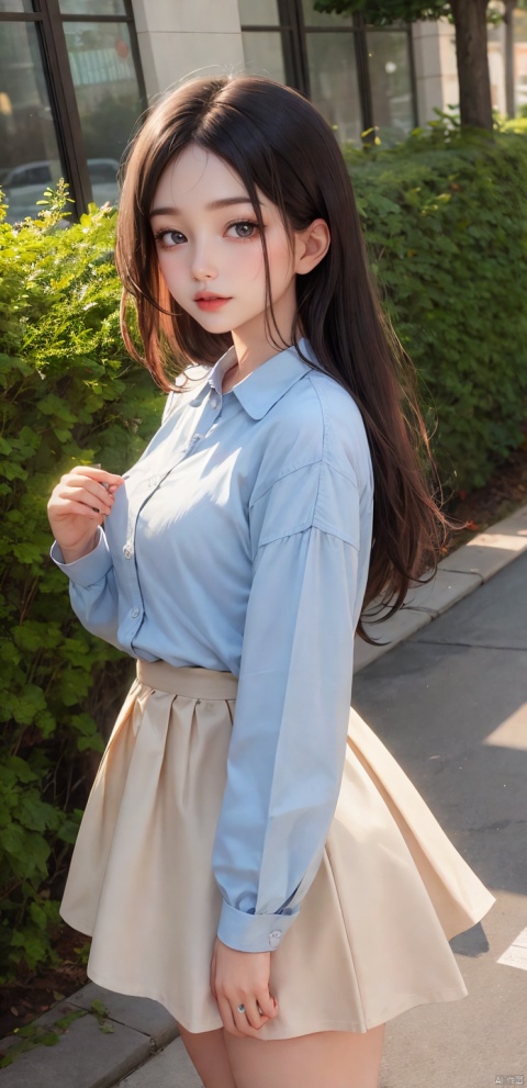  1girl, solo, Full body photo, wearing pink lace suspender stockings,long hair, skirt, blonde hair, simple background, shirt, long sleeves, white background, ribbon, jewelry, blue eyes, white shirt, flower, earrings, parted lips, puffy sleeves, black skirt, lips, eyelashes, makeup, white flower, blouse, facing viewer, high-waist skirt, v arms, red lips