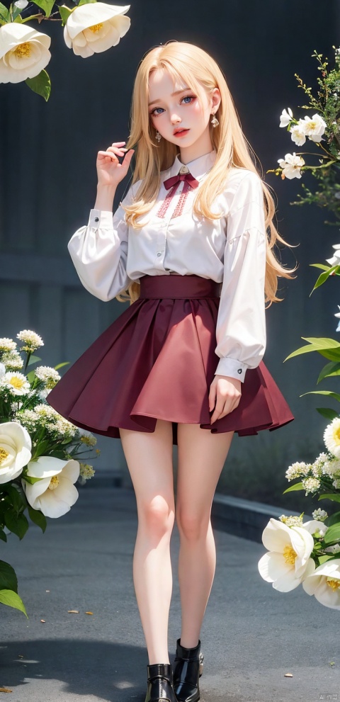  1girl, solo, long hair, skirt, blonde hair, Full body photo, wearing pink lace suspender stockings,simple background, shirt, long sleeves, white background, ribbon, jewelry, blue eyes, white shirt, flower, earrings, parted lips, puffy sleeves, black skirt, lips, eyelashes, makeup, white flower, blouse, facing viewer, high-waist skirt, v arms, red lips