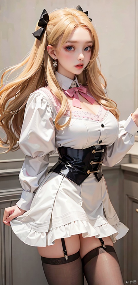  1girl, solo, long hair, skirt, blonde hair, Full body photo, wearing pink lace suspender stockings,simple background, shirt, long sleeves, white background, ribbon, jewelry, blue eyes, white shirt, flower, earrings, parted lips, puffy sleeves, black skirt, lips, eyelashes, makeup, white flower, blouse, facing viewer, high-waist skirt, v arms, red lips,ultra details,Pink lace suspender stockings