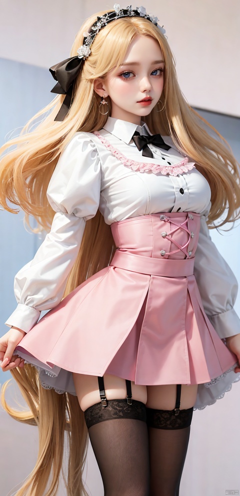  1girl, solo, long hair, skirt, blonde hair, Full body photo, wearing pink lace suspender stockings,simple background, shirt, long sleeves, white background, ribbon, jewelry, blue eyes, white shirt, flower, earrings, parted lips, puffy sleeves, black skirt, lips, eyelashes, makeup, white flower, blouse, facing viewer, high-waist skirt, v arms, red lips,ultra details,Pink lace suspender stockings