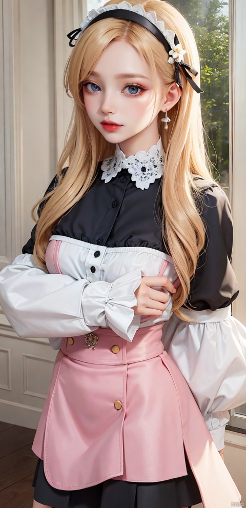  1girl, solo, long hair, skirt, blonde hair, Full body photo, wearing pink lace suspender stockings,simple background, shirt, long sleeves, white background, ribbon, jewelry, blue eyes, white shirt, flower, earrings, parted lips, puffy sleeves, black skirt, lips, eyelashes, makeup, white flower, blouse, facing viewer, high-waist skirt, v arms, red lips