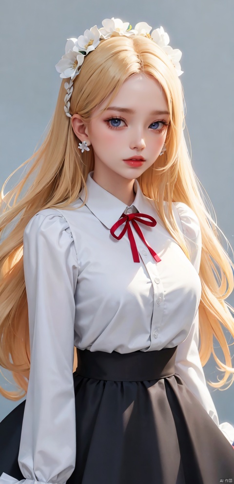  1girl, solo, long hair, skirt, blonde hair, simple background, shirt, long sleeves, white background, ribbon, jewelry, blue eyes, white shirt, flower, earrings, parted lips, puffy sleeves, black skirt, lips, eyelashes, makeup, white flower, blouse, facing viewer, high-waist skirt, v arms, red lips