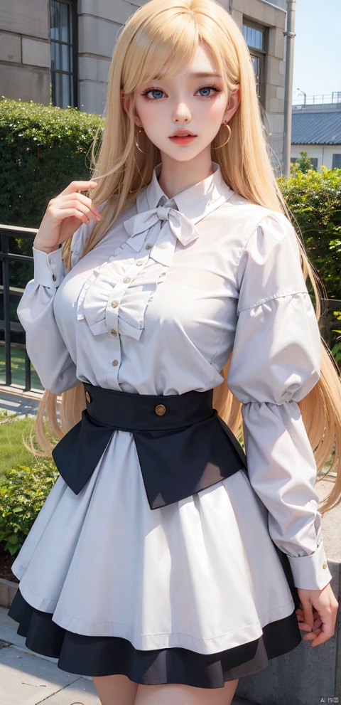  1girl, solo, long hair, skirt, blonde hair, simple background, shirt, long sleeves, white background, ribbon, jewelry, blue eyes, white shirt, flower, earrings, parted lips, puffy sleeves, black skirt, lips, eyelashes, makeup, white flower, blouse, facing viewer, high-waist skirt, v arms, red lips,全身照,粉色蕾丝吊带丝袜