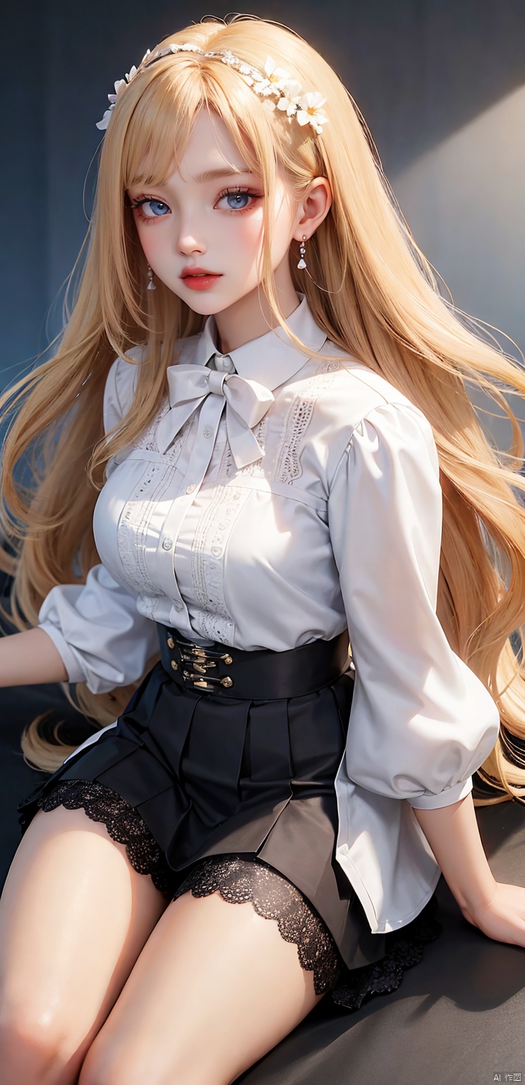  1girl, solo, long hair, skirt, blonde hair, Full body photo, wearing pink lace suspender stockings,simple background, shirt, long sleeves, white background, ribbon, jewelry, blue eyes, white shirt, flower, earrings, parted lips, puffy sleeves, black skirt, lips, eyelashes, makeup, white flower, blouse, facing viewer, high-waist skirt, v arms, red lips,ultra details
