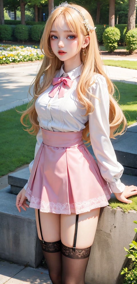  1girl, solo, long hair, skirt, blonde hair, Full body photo, wearing pink lace suspender stockings,simple background, shirt, long sleeves, white background, ribbon, jewelry, blue eyes, white shirt, flower, earrings, parted lips, puffy sleeves, black skirt, lips, eyelashes, makeup, white flower, blouse, facing viewer, high-waist skirt, v arms, red lips