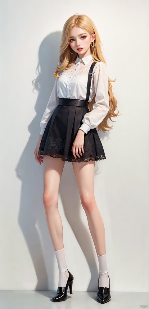  1girl, solo, Full body photo, wearing pink lace suspender stockings,long hair, skirt, blonde hair, simple background, shirt, long sleeves, white background, ribbon, jewelry, blue eyes, white shirt, flower, earrings, parted lips, puffy sleeves, black skirt, lips, eyelashes, makeup, white flower, blouse, facing viewer, high-waist skirt, v arms, red lips