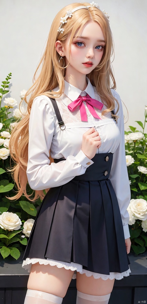  1girl, solo, long hair, skirt, blonde hair, Full body photo, wearing pink lace suspender stockings,simple background, shirt, long sleeves, white background, ribbon, jewelry, blue eyes, white shirt, flower, earrings, parted lips, puffy sleeves, black skirt, lips, eyelashes, makeup, white flower, blouse, facing viewer, high-waist skirt, v arms, red lips