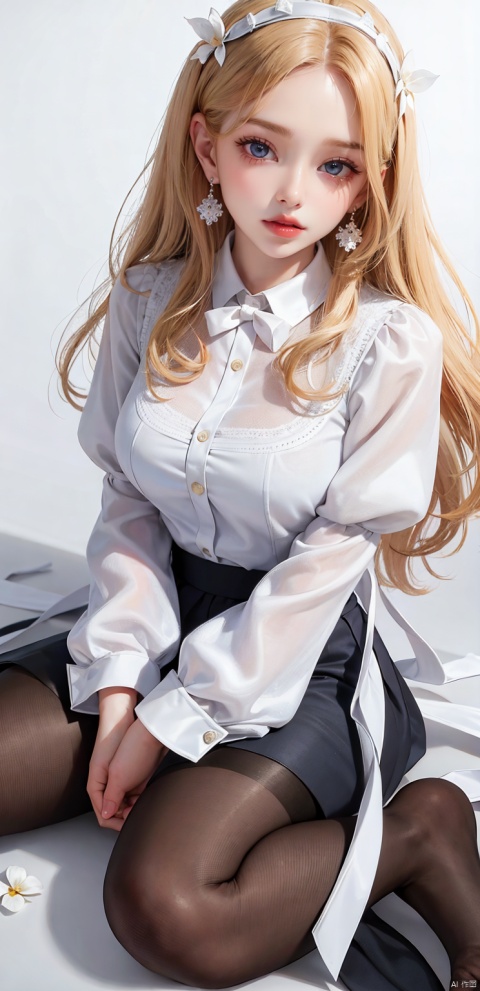  1girl, solo, Full body photo, wearing pink lace suspender stockings,long hair, skirt, blonde hair, simple background, shirt, long sleeves, white background, ribbon, jewelry, blue eyes, white shirt, flower, earrings, parted lips, puffy sleeves, black skirt, lips, eyelashes, makeup, white flower, blouse, facing viewer, high-waist skirt, v arms, red lips