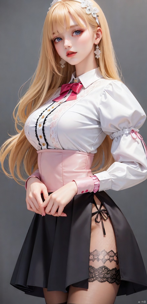  1girl, solo, long hair, skirt, blonde hair, Full body photo, wearing pink lace suspender stockings,simple background, shirt, long sleeves, white background, ribbon, jewelry, blue eyes, white shirt, flower, earrings, parted lips, puffy sleeves, black skirt, lips, eyelashes, makeup, white flower, blouse, facing viewer, high-waist skirt, v arms, red lips,ultra details,Pink lace suspender stockings