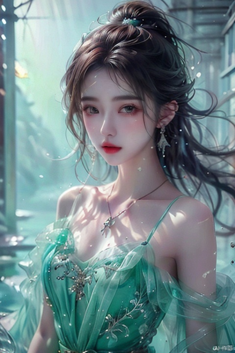  (masterpiece),(best quality),(super fine illustration),(beautiful and detailed eyes),{very detailed light},{painting},{{very fine 8K CG wallpaper}},anime,1girl,solo,beautiful detailed ice,beautiful detailed water,ice palace,galaxy,gem,jewelry,necklace, lvshui-green dress