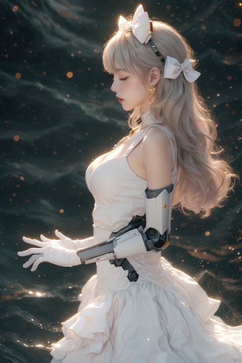 1girl,long hair,dress,white dress,closed eyes,robot,earrings,white hair,jewelry,breasts,mecha,profile,gloves,bare shoulders,hairband,bangs,bow,from side,sleeveless,medium breasts,very long hair,headgear,closed mouth,standing,blush,elbow gloves,glowing,solo,sleeveless dress,white gloves,red bow,