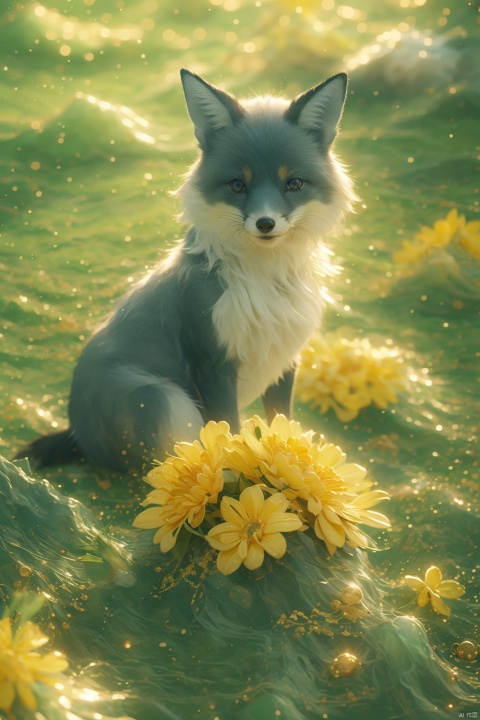 flower, no humans, orange flower, painting (medium), animal focus, outdoors, blue eyes, traditional media, fox, watercolor (medium), solo, yellow flower, grass, full body, looking at viewer, standingAtmosphere,Bright color,Complete clothes, surreal aestheticism, movie-level light and shadow comparison, 1girl