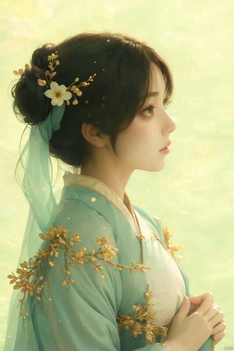 A painting of a girl, flowers, home cut, black straight hair, long hair, bun, Hanfu, light cream green, all over, with a simple background of plants, looking away, minimalist and antique style,
