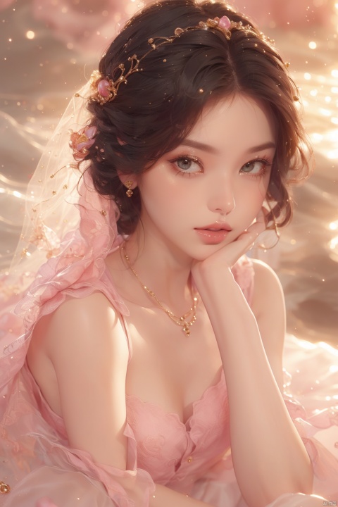 (beautiful and elegant girl:1.3),(close-up:1.2),sitting,a dress inlaid with pearls,(fashion clothing design:1.1),veil,black hair,
,Pink coral,shell,coral hair accessories,pink atmosphere, (masterpiece:1,2), best quality, masterpiece, highres, original, extremely detailed wallpaper, perfect lighting,(extremely detailed CG:1.2)