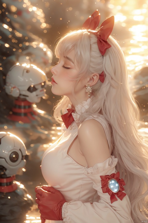 1girl,long hair,dress,white dress,closed eyes,robot,earrings,white hair,jewelry,breasts,mecha,profile,gloves,bare shoulders,hairband,bangs,bow,from side,sleeveless,medium breasts,very long hair,headgear,closed mouth,standing,blush,elbow gloves,glowing,solo,sleeveless dress,white gloves,red bow,