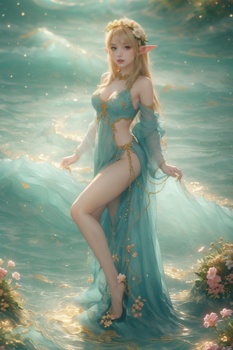 Illustrative style,1girl,front view,full body:1.4,young woman elf,cute cartoon character,She wore a garland of flowers on her head,Long blonde hair,blue eyes,vibrant colors,colorful,cute,adorable,intricately-detailed,delicate,beautiful,stunning,breathtaking,intricate detail,insanely high detail,volumetric lighting,fantasy background.flat,best quality,TT seecolor Flower field,