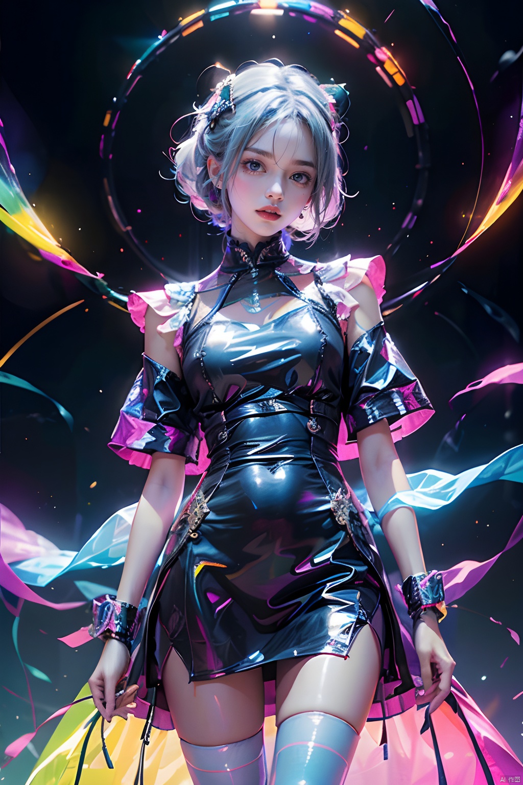 Best quality,masterpiece,transparent color PVC clothing,transparent color vinyl clothing,prismatic,holographic,chromatic aberration,fashion illustration,masterpiece,girl with harajuku fashion,looking at viewer,8k,ultra detailed,pixiv,
