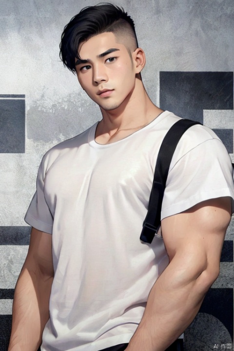  A man in his early twenties, wearing a white T-shirt, with short black hair, a strong build, and masculine and confident features, forming a striking contrast against the gray background., heibai, 1 boy