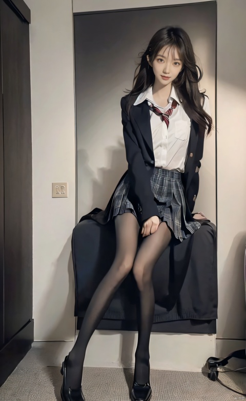  (Good anatomical structure),HDR, UHD, 8K, A real person , Highly detailed, best quality, masterpiece, 1girl, realistic, Highly detailed, (EOS R8, 50mm, F1.2, 8K, RAW photo:1.2), ultra realistic 8k cg, full_body,white pantyhose,feet,loafers, plaid skirt, black_footwear,school uniform,,looking_at_viewer,outside,,xuner,kind smile, blackpantyhose, black pantyhose