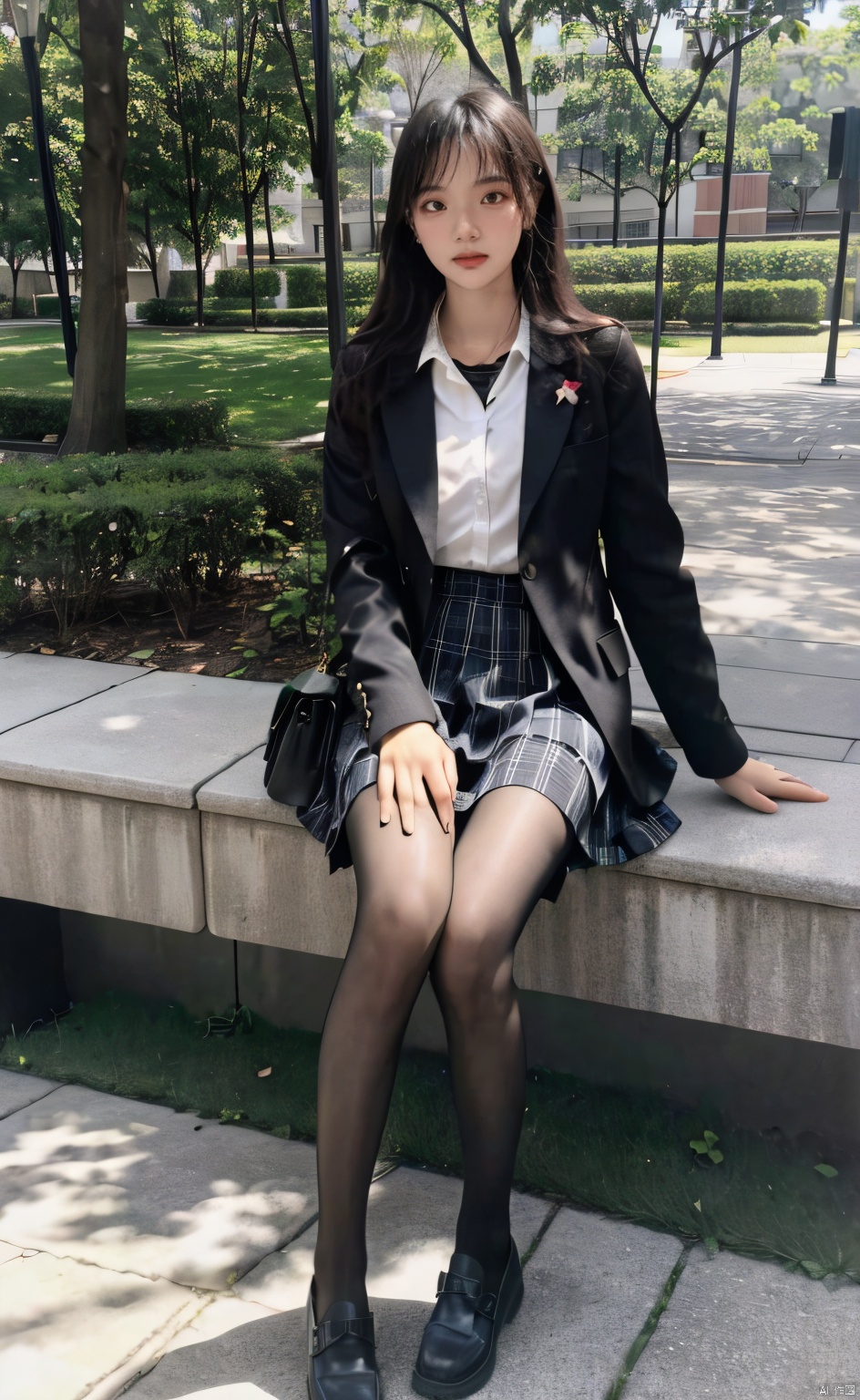  (Good anatomical structure),HDR, UHD, 8K, A real person , Highly detailed, best quality, masterpiece, 1girl, realistic, Highly detailed, (EOS R8, 50mm, F1.2, 8K, RAW photo:1.2), ultra realistic 8k cg, full_body,lack pantyhose,loafers, plaid skirt, black_footwear,school uniform,,looking_at_viewer,outside, blackpantyhose, black pantyhose,serafuku