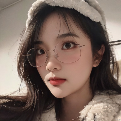  (Good anatomical structure),HDR, UHD, 8K, A real person , Highly detailed, best quality, masterpiece, 1girl, realistic, Highly detailed, (EOS R8, 50mm, F1.2, 8K, RAW photo:1.2), ultra realistic 8k cg,solo,glasses,realistic,black hair,portrait,hood,lips,nose,closed mouth,black eyes,looking to the side,white background,simple background,signature,animal hood,looking away,teenage,