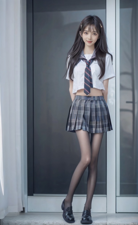  (Good anatomical structure),HDR, UHD, 8K, A real person , Highly detailed, best quality, masterpiece, 1girl, realistic, Highly detailed, (EOS R8, 50mm, F1.2, 8K, RAW photo:1.2), ultra realistic 8k cg, full_body,black pantyhose,feet,loafers, plaid skirt, black_footwear,school uniform,,looking_at_viewer,outside,,xuner,kind smile