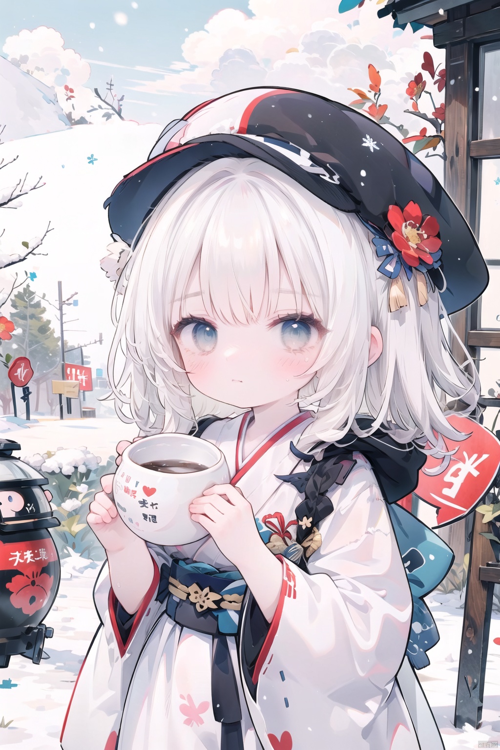 1girl, solo, long hair, looking at viewer, blue eyes, long sleeves, hat, holding, closed mouth, upper body, grey hair, outdoors, japanese clothes, hood, wide sleeves, kimono, snow, snowing, snowflakes, uchikake