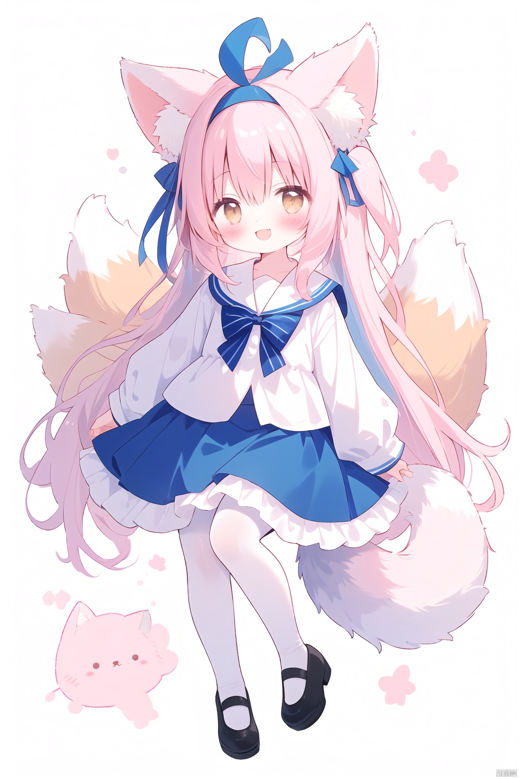  1girl, solo, long hair, looking at the audience, blushing, smiling, open mouth, bangs, skirt, shirt, long sleeves, dress, holding, animal ears, brown eyes, sitting, very long hair, tail, white shirt, pink hair, :d, headband, ruffles, fang, puffy sleeves, virtual youtuber, official alternate costume, sides up, blue skirt, animal ear fluff, fox ears, fox tail, fox girl, multiple tails, fluffy long sleeves, pen, blue headband, ruffled headband, kitsune,,,,,1girl, solo, long hair, looking at viewer, blush, bangs, skirt, blond hair, simple background, shirt, long sleeves, white background, holding, animal ears, hair between eyes, closed mouth, standing, tail ,full body, ahoge, white hair, pantyhose, multicolored hair, headband, shoes, alternative clothing, sides up, animal ear plush, fox ears, fox tail, fox girl, multiple tails, children, pink skirt, white pantyhose, blue shoes, white board, girl, blue headband, fox, kyuubi, holding white board, loli, 1girl