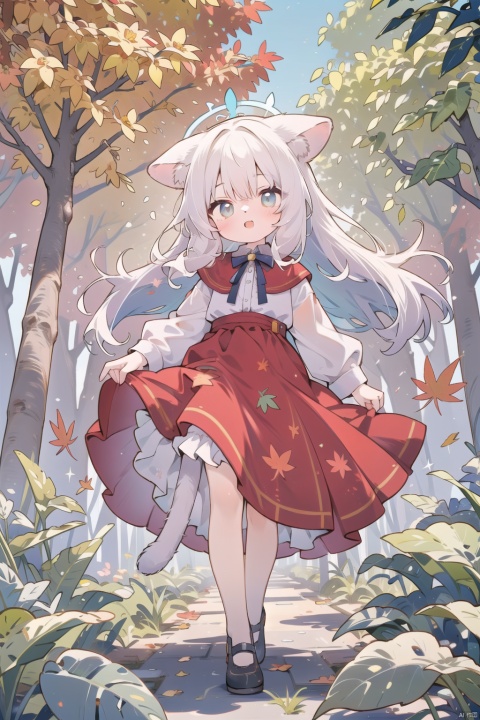 In this autumn afternoon, the sun shines through the gaps in the leaves and shines on a special girl.She has a pair of pointed cat ears and a soft cat tail, which adds a bit of mystery and playfulness to her.Her face is delicate and delicate, and her eyes are as clear as cat eyes, sparkling with curiosity and agility.The girl was wearing an autumn-style dress, and the skirt swayed gently with her steps, as if she was dancing with the wind.The design of the skirt is delicate and elegant, with exquisite embroidered patterns that complement her cat ears and tail.The color of the skirt is mainly warm tones, which perfectly blends with the surrounding autumn scenery, presenting a warm and harmonious feeling.The surroundings are equally intoxicating.The girl was in a golden forest, with fallen leaves covering the ground, making a rustling sound when stepped on.The sun shone on her through the leaves, casting a golden halo on her.Around her, there are several cute little animals playing, adding a bit of liveliness