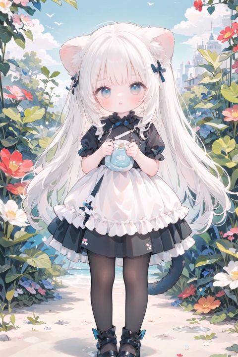  1girl, solo, long hair, looking at viewer, blush, bangs, blue eyes, shirt, dress, holding, animal ears, very long hair, standing, tail, full body, white shirt, flower, white hair, short sleeves, pantyhose, outdoors, frills, parted lips, shoes, puffy sleeves, cat ears, puffy short sleeves, animal ear fluff, blue dress, frilled dress, plant, white flower, child, extra ears, mary janes, white pantyhose, blue footwear, female child, pigeon-toed, cat