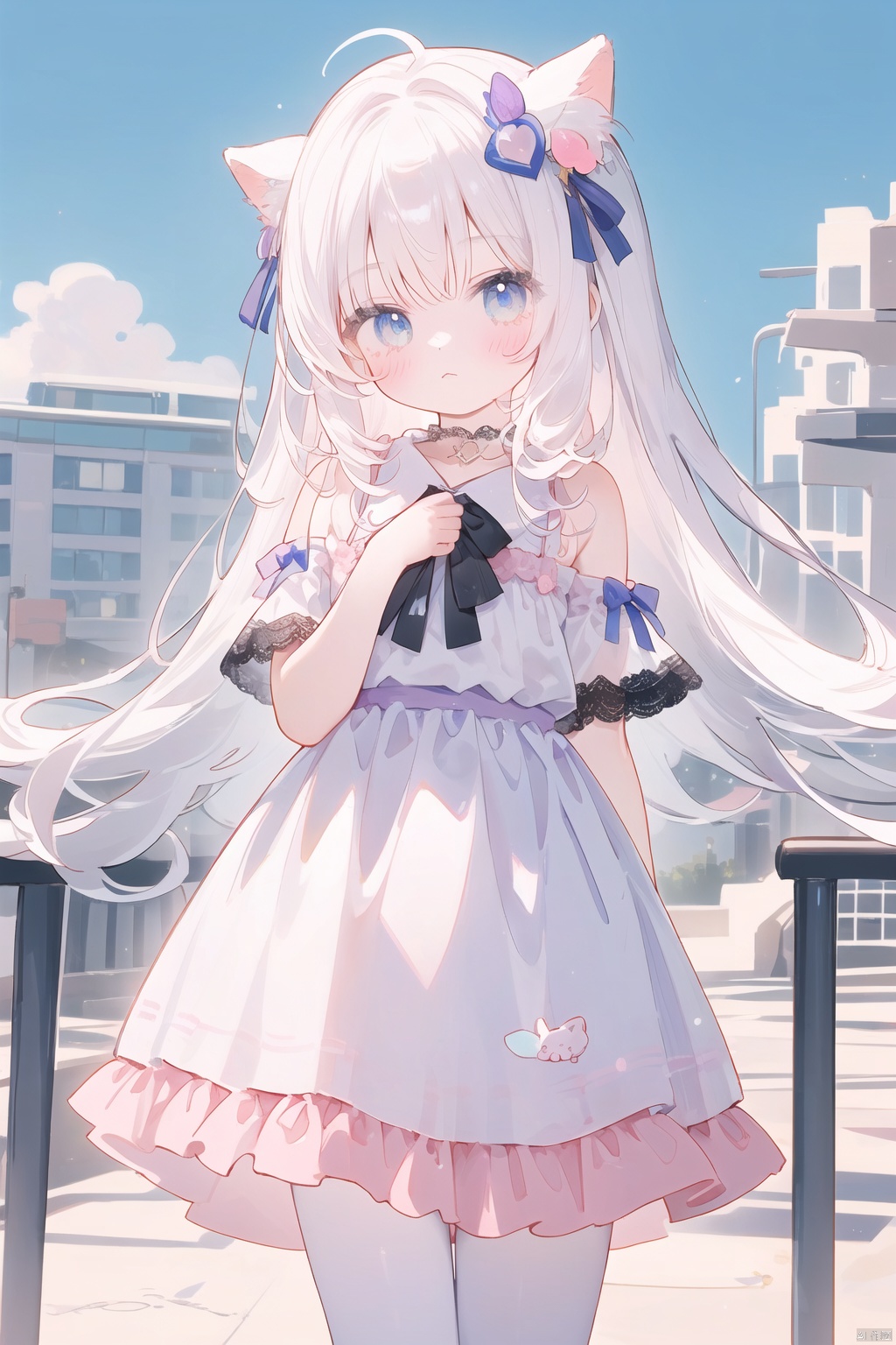 A girl standing alone, wearing a dreamy dress, standing in front of a pure white background, expressionless.The picture style is a soft Pastel Kawaii style, with warm and soft colors.The girl's hair accessory is decorated with star barrettes, and behind her are dreamy unicorns and clouds.Her clothes are quintessentially Kawaii, full of Harajuku, decorated with lace, bows, and cute colors.There are also shimmering lights and angelic elements and stars incorporated into the image.The girl's hair is a pastel shade and she is wearing loose-fitting street fashion clothing, with one of her hands hidden.Her long white hair is tied with a wide pink bow, giving off a Cuteloli vibe.The picture quality is extremely high, delicately capturing the body curves of a young girl, as if she were a Russian girl.She is 17 years old, has long flowing hair, and wears a lacy tights and lace skirt.Her hair is decorated with exquisite ornaments, her eyes are beautiful, and the whole picture is full of beauty and aesthetics.The reso