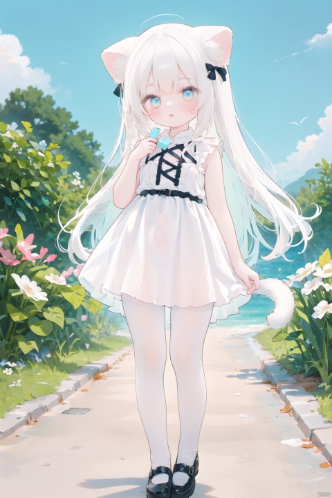 1girl, solo, long hair, looking at viewer, blush, bangs, blue eyes, dress, bow, holding, animal ears, very long hair, standing, tail, full body, flower, white hair, short sleeves, pantyhose, outdoors, frills, parted lips, food, sky, shoes, day, puffy sleeves, cloud, cat ears, hand up, black footwear, white dress, blue sky, puffy short sleeves, cat tail, animal ear fluff, black bow, frilled dress, holding food, white flower, cat girl, red flower, building, mary janes, white pantyhose, popsicle