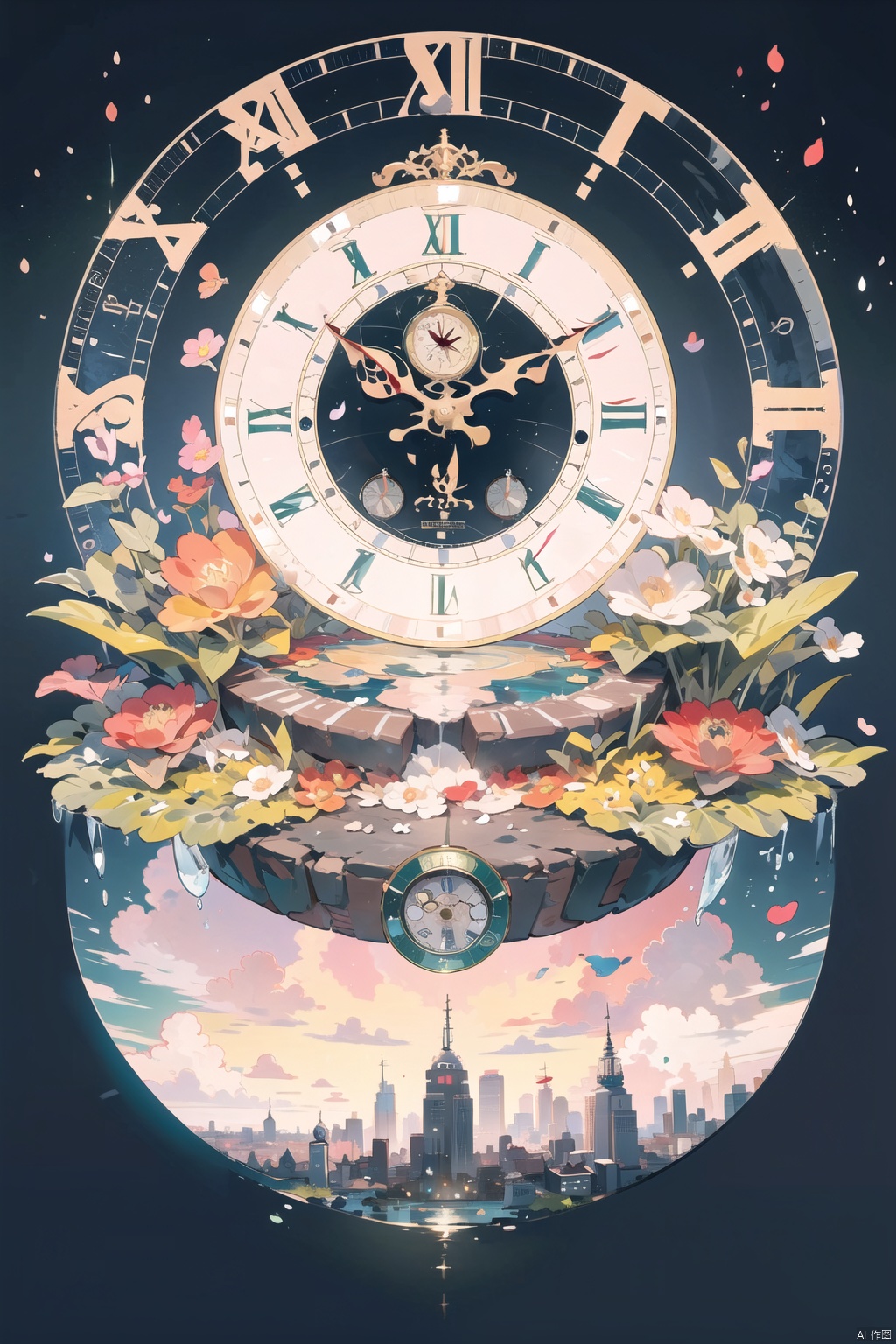 (masterpiece),best quality,highres,stunning art,beautifully painted,colorful,(rim light:1.2),4K wallpapper,fantasy,(panorama),(huge circular flowing round_ramed_clock background),through space,(huge circular flowing transparent hollow round_ramed_clock  on top:1.3),complete round_ramed_clock,(((circular surround floating cityscape landscape))),solo,1girl,slim,sitting_invisible_chair,gentle smile,(black thighhighs),long black hair,blunt bangs, green eyes,(khaki fedora), khaki coat,long light-green dress, light-greenshoes,space background,starry_sky,galaxy,red moon