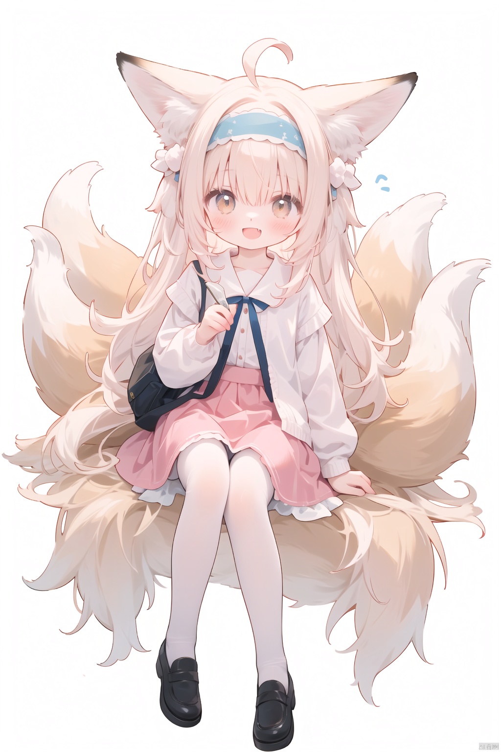  1girl, solo, long hair, looking at the audience, blushing, smiling, open mouth, bangs, skirt, shirt, long sleeves, dress, holding, animal ears, brown eyes, sitting, very long hair, tail, white shirt, pink hair, :d, headband, ruffles, fang, puffy sleeves, virtual youtuber, official alternate costume, sides up, blue skirt, animal ear fluff, fox ears, fox tail, fox girl, multiple tails, fluffy long sleeves, pen, blue headband, ruffled headband, kitsune,,,,,1girl, solo, long hair, looking at viewer, blush, bangs, skirt, blond hair, simple background, shirt, long sleeves, white background, holding, animal ears, hair between eyes, closed mouth, standing, tail ,full body, ahoge, white hair, pantyhose, multicolored hair, headband, shoes, alternative clothing, sides up, animal ear plush, fox ears, fox tail, fox girl, multiple tails, children, pink skirt, white pantyhose, blue shoes, white board, girl, blue headband, fox, kyuubi, holding white board, loli, 1girl