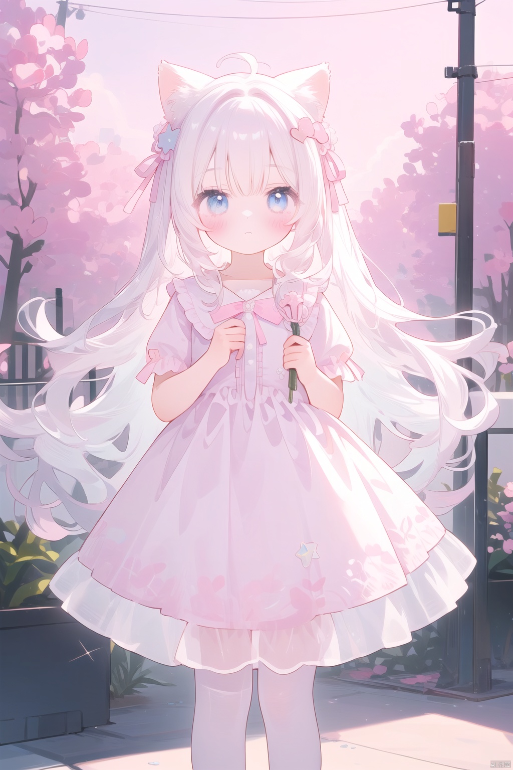  1 girl, solo, dress, standing, white background, expressionless, ((Pastel Kawaii)), pastel colors, dreamy, star hairclips, unicorns, clouds, kawaii, harajuku style clothes, ribbons, soft filter, cute colors, sparkles, angelic elements, stars, pastel colored hair, bandages, baggy clothes, street fashion,hide left hand,white hair,big pink ribbon, cuteloli, LeotardGirl, high quality body photography of a young girl, Russian girl, 1girl, 17yo, long hair, (floral LeotardGirl, LaceSkirt), detailed hair ornament,beautiful detailed eyes,beautiful and aesthetic,super high resolution,Vivid colors, Vivid colors, Sharp focus, Physically-based rendering,[[fullbody]],
, ears down