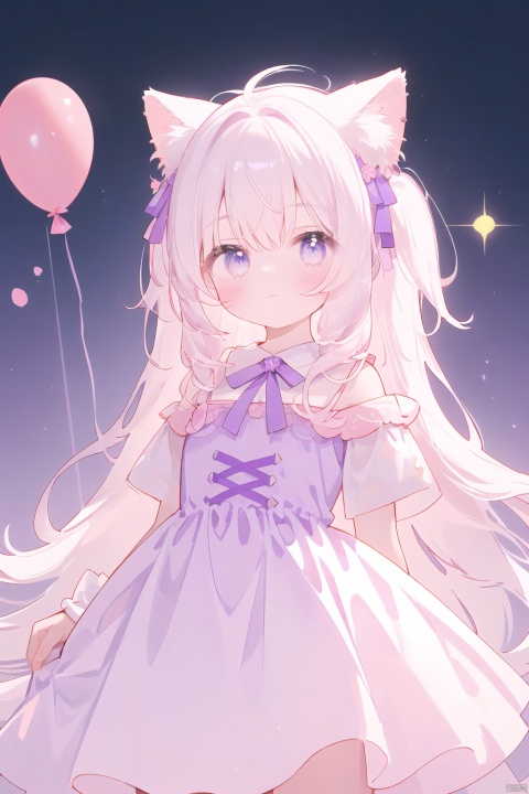 A young girl stands alone, dressed in a gorgeous dress, with a deep night sky in the background. Her face is expressionless, with a soft filter effect, presenting a mysterious and dreamy atmosphere. Her hair accessories are scattered like purple clouds intertwined with dreamy unicorns, emitting a charming aura. Her clothing combines Harajuku style with sweet elements, featuring pink ribbons and unicorn patterns, with soft and dreamy colors.The girl's hair presents a blend of deep purple and light pink, paired with exquisite purple bows, adding a touch of mystery and sweetness. Her figure is perfectly outlined by tight fitting clothes and fluffy skirts, showcasing a unique street fashion style. On her left hand, some bandages are cleverly hidden, adding a touch of mystery to the overall design.The focus of the picture is completely on the young girl, her eyes deep and charming, full of artistic sense. Her ears drooped slightly, giving people a gentle and friendly feeling. The overall color scheme of the picture is mainly purple and pink, bright and vivid, with sharp focus. It adopts a physics based rendering method to vividly display the girl's figure.This is a high-definition full body photo, detailed to the point where hair decorations are clearly visible. The perfect combination of the beauty of the young girl and her unique aesthetic creates an intoxicating scene, as if taking the viewer into a dreamy world intertwined with purple and pink.