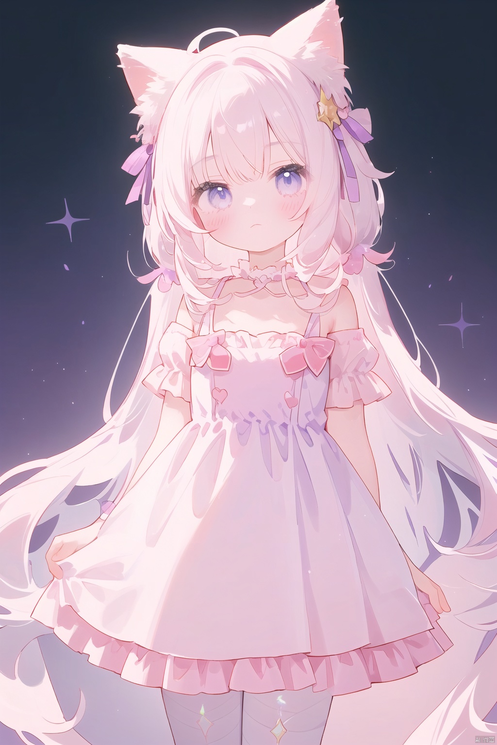 A young girl stands alone, dressed in a gorgeous dress, with a deep night sky in the background. Her face is expressionless, with a soft filter effect, presenting a mysterious and dreamy atmosphere. Her hair accessories are scattered like purple clouds intertwined with dreamy unicorns, emitting a charming aura. Her clothing combines Harajuku style with sweet elements, featuring pink ribbons and unicorn patterns, with soft and dreamy colors.The girl's hair presents a blend of deep purple and light pink, paired with exquisite purple bows, adding a touch of mystery and sweetness. Her figure is perfectly outlined by tight fitting clothes and fluffy skirts, showcasing a unique street fashion style. On her left hand, some bandages are cleverly hidden, adding a touch of mystery to the overall design.The focus of the picture is completely on the young girl, her eyes deep and charming, full of artistic sense. Her ears drooped slightly, giving people a gentle and friendly feeling. The overall color scheme of the picture is mainly purple and pink, bright and vivid, with sharp focus. It adopts a physics based rendering method to vividly display the girl's figure.This is a high-definition full body photo, detailed to the point where hair decorations are clearly visible. The perfect combination of the beauty of the young girl and her unique aesthetic creates an intoxicating scene, as if taking the viewer into a dreamy world intertwined with purple and pink.