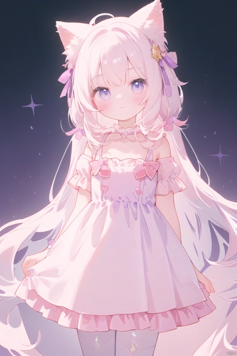 A young girl stands alone, dressed in a gorgeous dress, with a deep night sky in the background. Her face is expressionless, with a soft filter effect, presenting a mysterious and dreamy atmosphere. Her hair accessories are scattered like purple clouds intertwined with dreamy unicorns, emitting a charming aura. Her clothing combines Harajuku style with sweet elements, featuring pink ribbons and unicorn patterns, with soft and dreamy colors.The girl's hair presents a blend of deep purple and light pink, paired with exquisite purple bows, adding a touch of mystery and sweetness. Her figure is perfectly outlined by tight fitting clothes and fluffy skirts, showcasing a unique street fashion style. On her left hand, some bandages are cleverly hidden, adding a touch of mystery to the overall design.The focus of the picture is completely on the young girl, her eyes deep and charming, full of artistic sense. Her ears drooped slightly, giving people a gentle and friendly feeling. The overall color scheme of the picture is mainly purple and pink, bright and vivid, with sharp focus. It adopts a physics based rendering method to vividly display the girl's figure.This is a high-definition full body photo, detailed to the point where hair decorations are clearly visible. The perfect combination of the beauty of the young girl and her unique aesthetic creates an intoxicating scene, as if taking the viewer into a dreamy world intertwined with purple and pink.