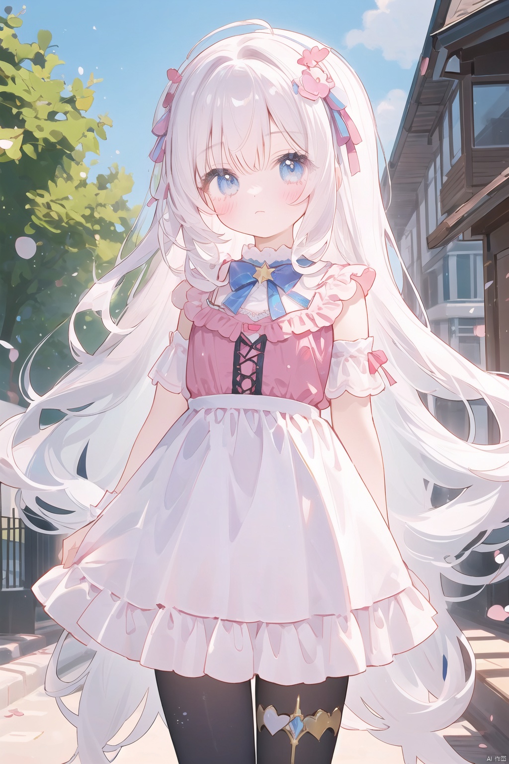  A girl standing alone, wearing a dreamy dress, standing in front of a pure white background, expressionless.The picture style is a soft Pastel Kawaii style, with warm and soft colors.The girl's hair accessory is decorated with star barrettes, and behind her are dreamy unicorns and clouds.Her clothes are quintessentially Kawaii, full of Harajuku, decorated with lace, bows, and cute colors.There are also shimmering lights and angelic elements and stars incorporated into the image.The girl's hair is a pastel shade and she is wearing loose-fitting street fashion clothing, with one of her hands hidden.Her long white hair is tied with a wide pink bow, giving off a Cuteloli vibe.The picture quality is extremely high, delicately capturing the body curves of a young girl, as if she were a Russian girl.She is 17 years old, has long flowing hair, and wears a lacy tights and lace skirt.Her hair is decorated with exquisite ornaments, her eyes are beautiful, and the whole picture is full of beauty and aesthetics.The reso