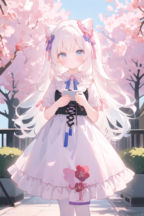 A girl standing alone, wearing a dreamy dress, standing in front of a pure white background, expressionless.The picture style is a soft Pastel Kawaii style, with warm and soft colors.The girl's hair accessory is decorated with star barrettes, and behind her are dreamy unicorns and clouds.Her clothes are quintessentially Kawaii, full of Harajuku, decorated with lace, bows, and cute colors.There are also shimmering lights and angelic elements and stars incorporated into the image.The girl's hair is a pastel shade and she is wearing loose-fitting street fashion clothing, with one of her hands hidden.Her long white hair is tied with a wide pink bow, giving off a Cuteloli vibe.The picture quality is extremely high, delicately capturing the body curves of a young girl, as if she were a Russian girl.She is 17 years old, has long flowing hair, and wears a lacy tights and lace skirt.Her hair is decorated with exquisite ornaments, her eyes are beautiful, and the whole picture is full of beauty and aesthetics.The reso